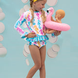 Seahorse Print Rash Guard Swim Suit Set