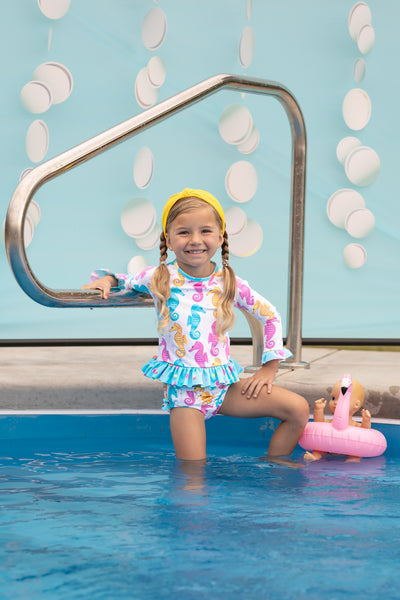 Seahorse Print Rash Guard Swim Suit Set