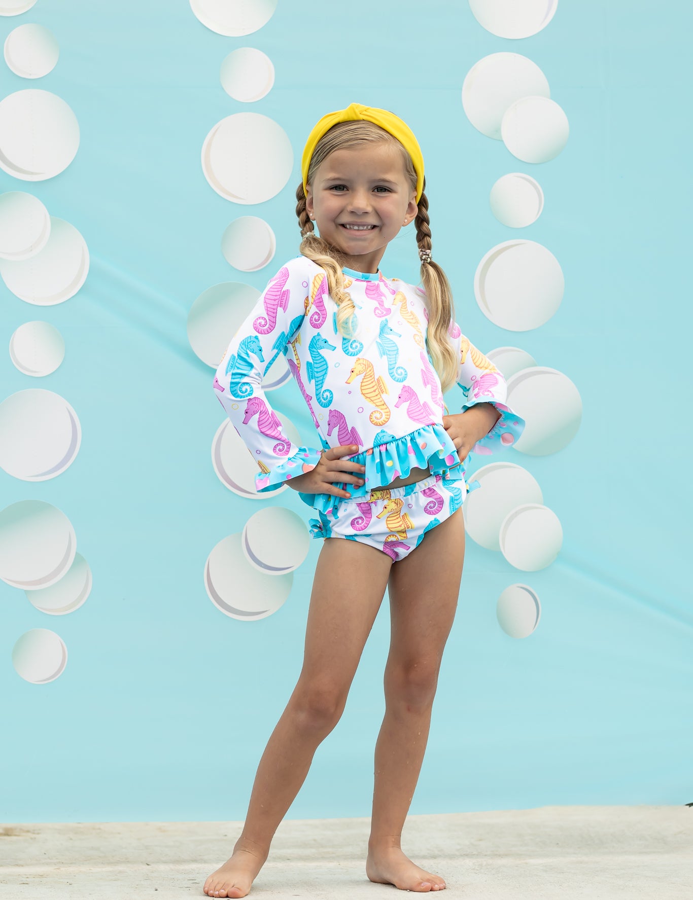 Seahorse Print Rash Guard Swim Suit Set