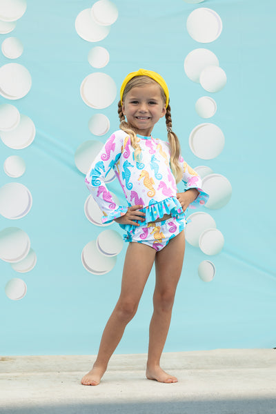 Seahorse Print Rash Guard Swim Suit Set