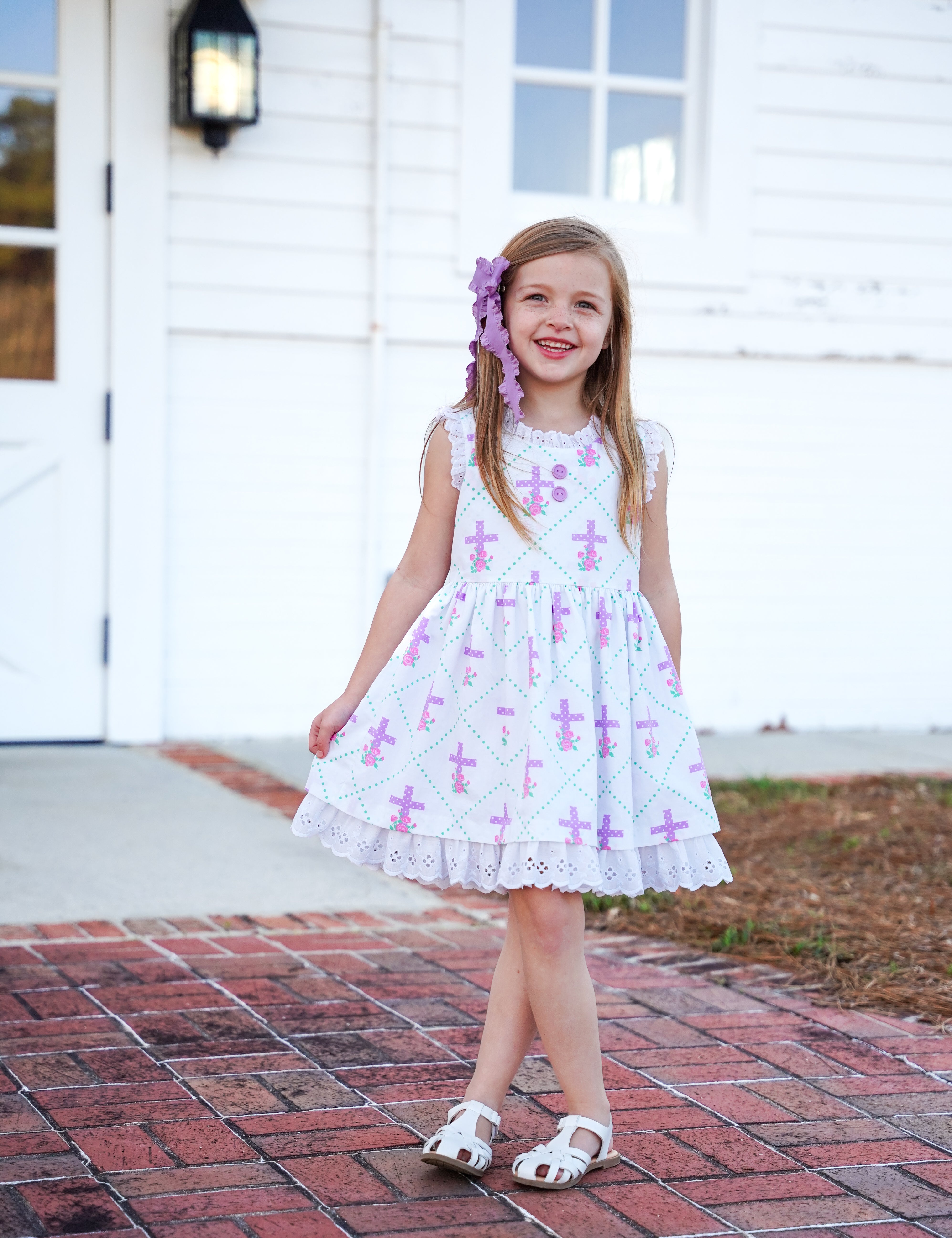 Grace Eyelet Trim Cross Printed Dress