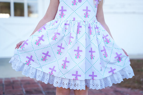 Grace Eyelet Trim Cross Printed Dress