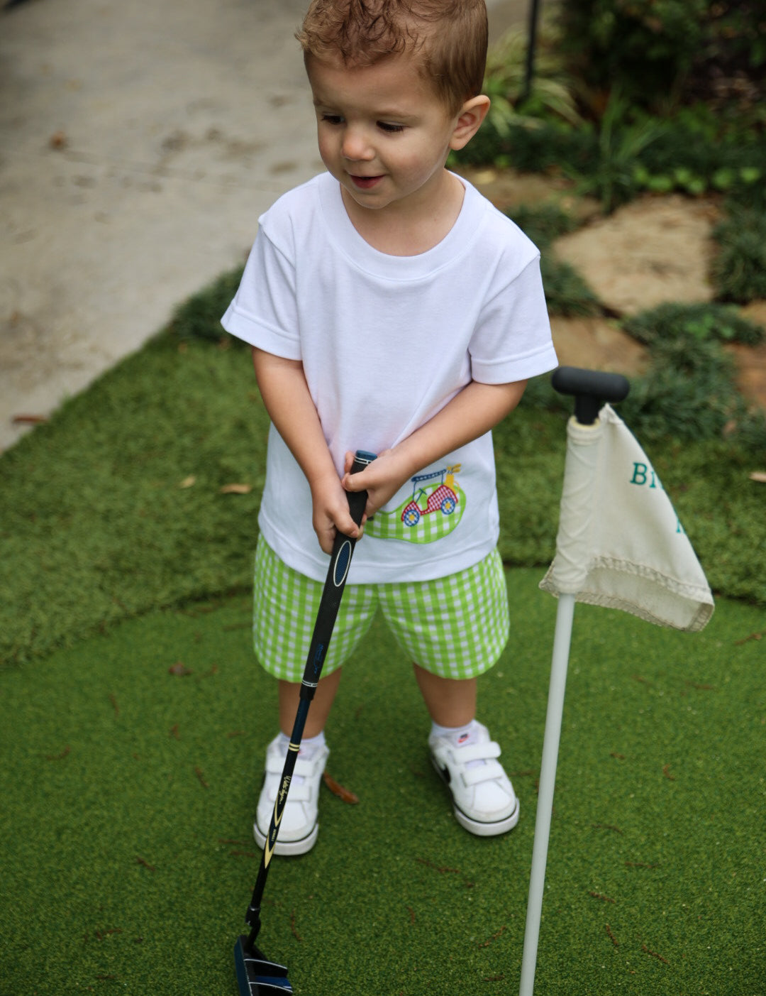Fore! Boys' Knit Appliqued Golf Cart Shirt & Gingham Shorts Set