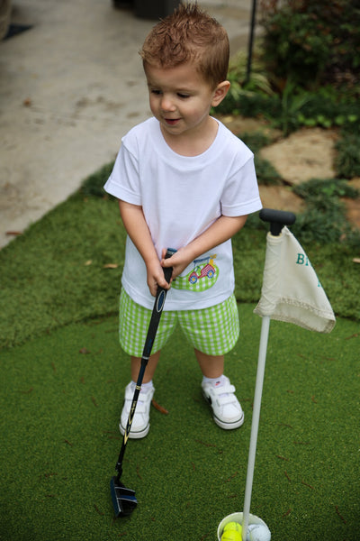 Fore! Boys' Knit Appliqued Golf Cart Shirt & Gingham Shorts Set