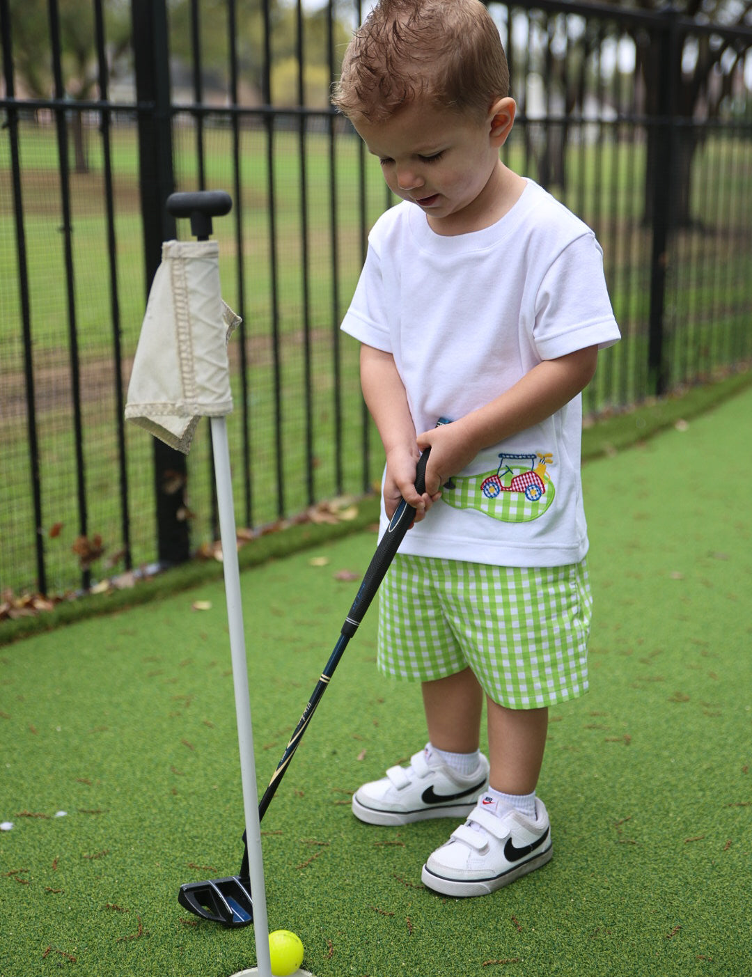 Fore! Boys' Knit Appliqued Golf Cart Shirt & Gingham Shorts Set