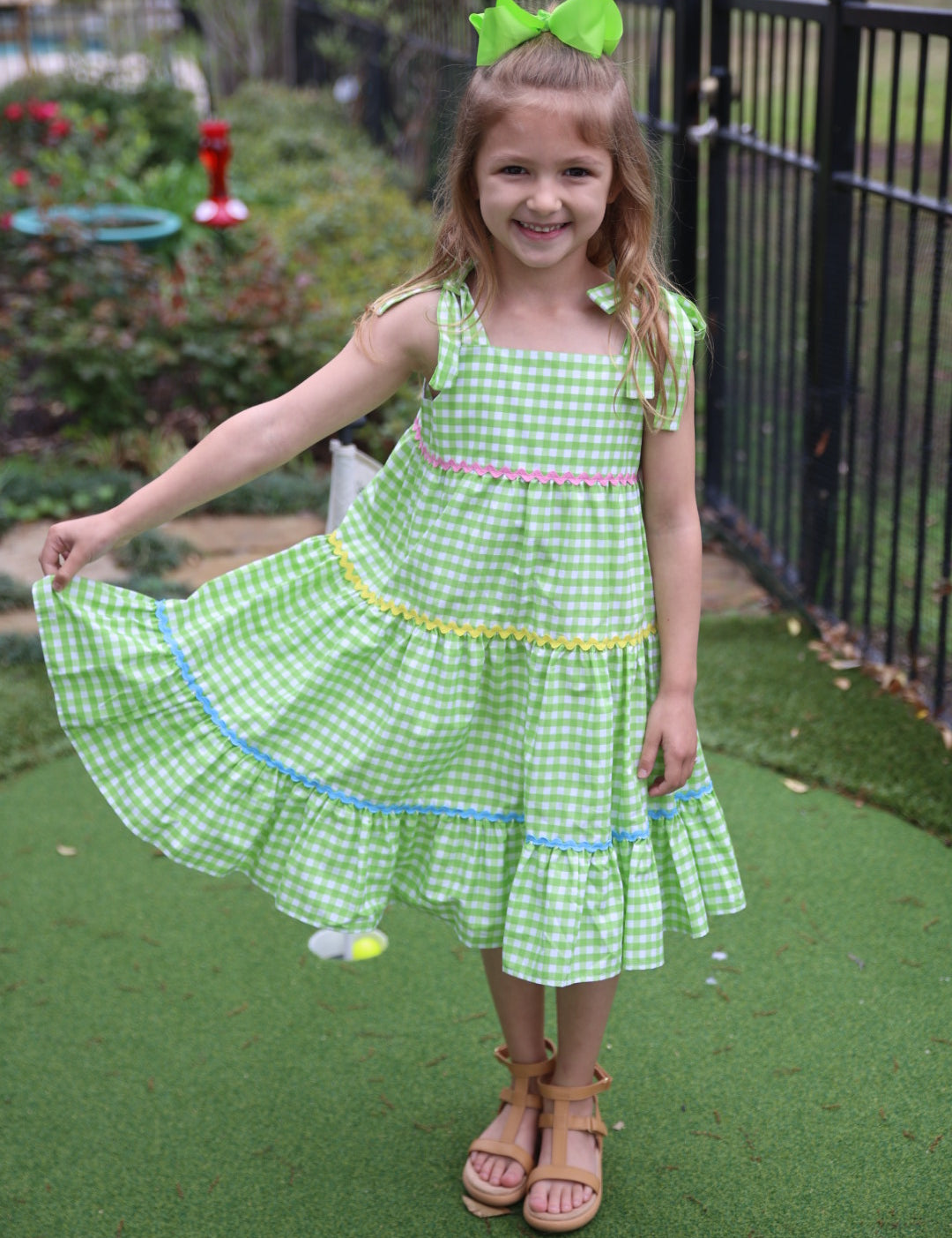 Fore! Girls' Tie Shoulder Gingham Tiered Dress