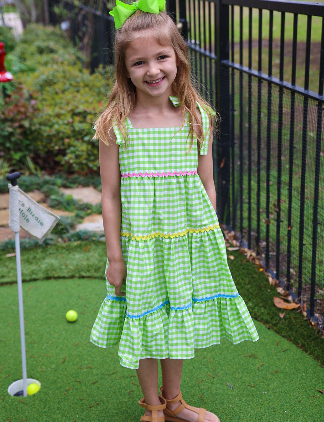 Fore! Girls' Tie Shoulder Gingham Tiered Dress