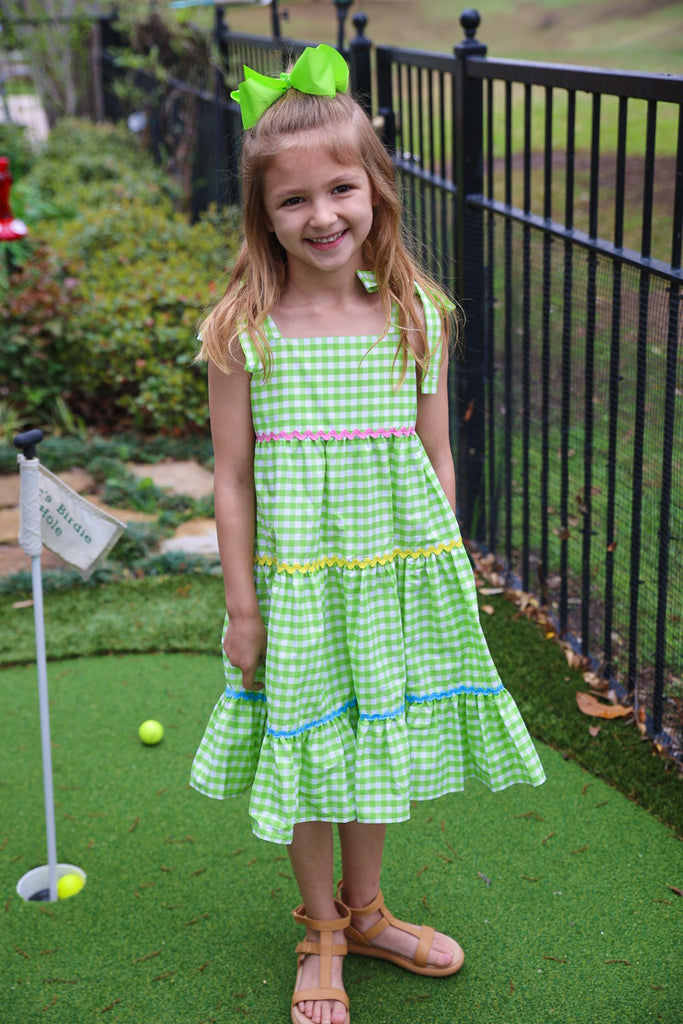 Fore! Girls' Tie Shoulder Gingham Tiered Dress poshpickle.com Fore! Girls' Tie Shoulder Gingham Tiered Dress poshpickle.com
