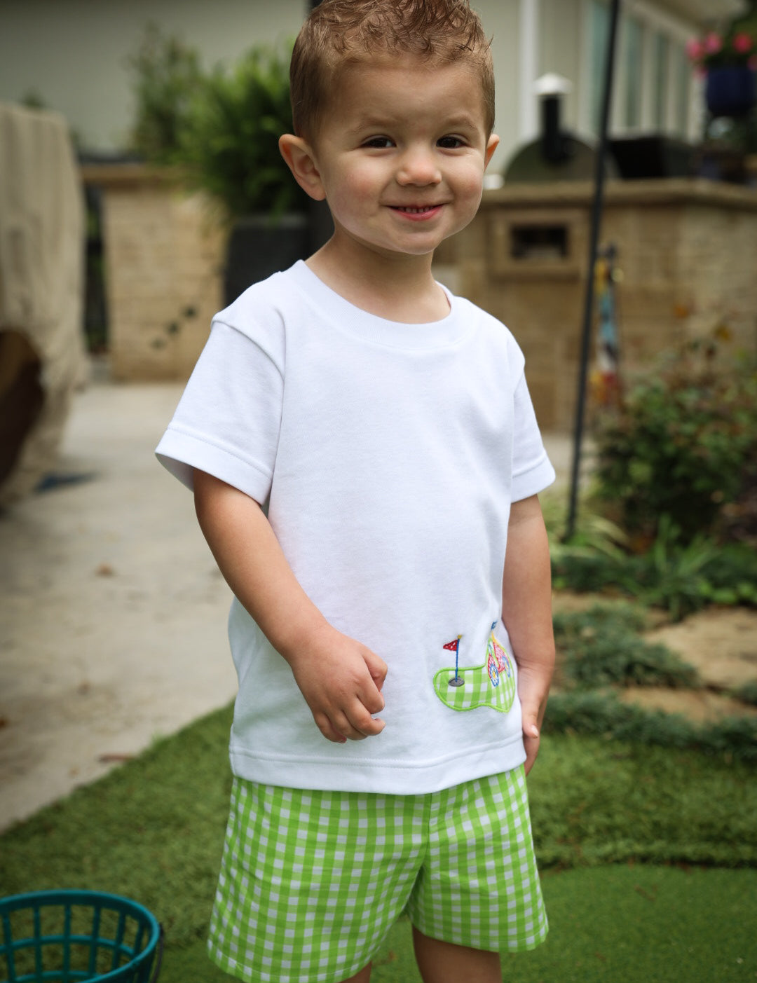Fore! Boys' Knit Appliqued Golf Cart Shirt & Gingham Shorts Set