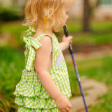 Fore! Girls' Tie Shoulder Gingham Bubble with Golf Cart Applique