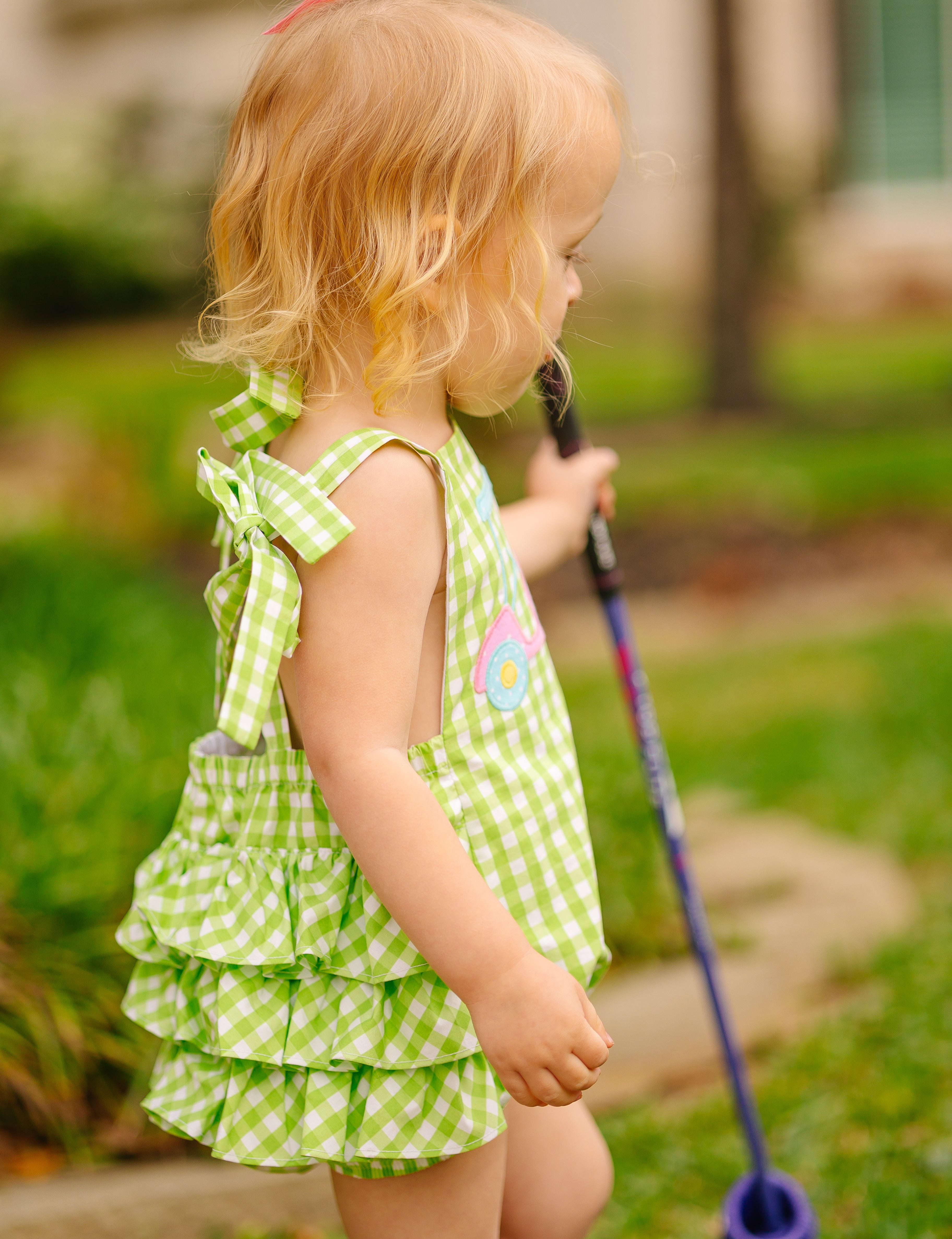 Fore! Girls' Tie Shoulder Gingham Bubble with Golf Cart Applique
