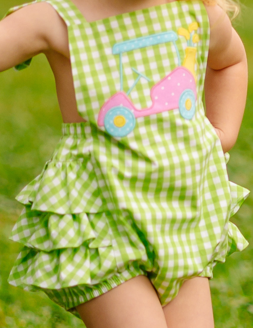 Fore! Girls' Tie Shoulder Gingham Bubble with Golf Cart Applique