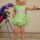 Fore! Girls' Tie Shoulder Gingham Bubble with Golf Cart Applique