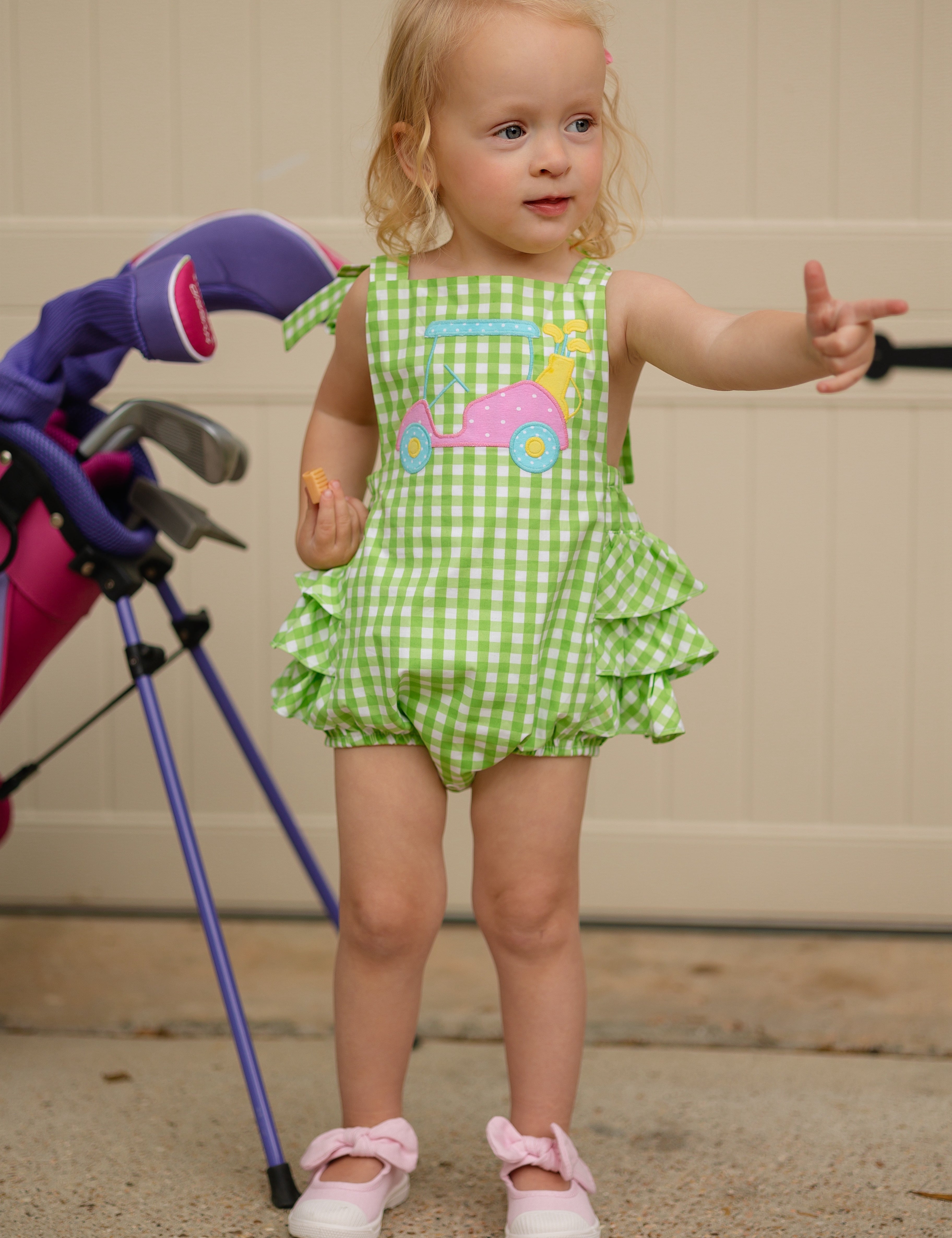 Fore! Girls' Tie Shoulder Gingham Bubble with Golf Cart Applique