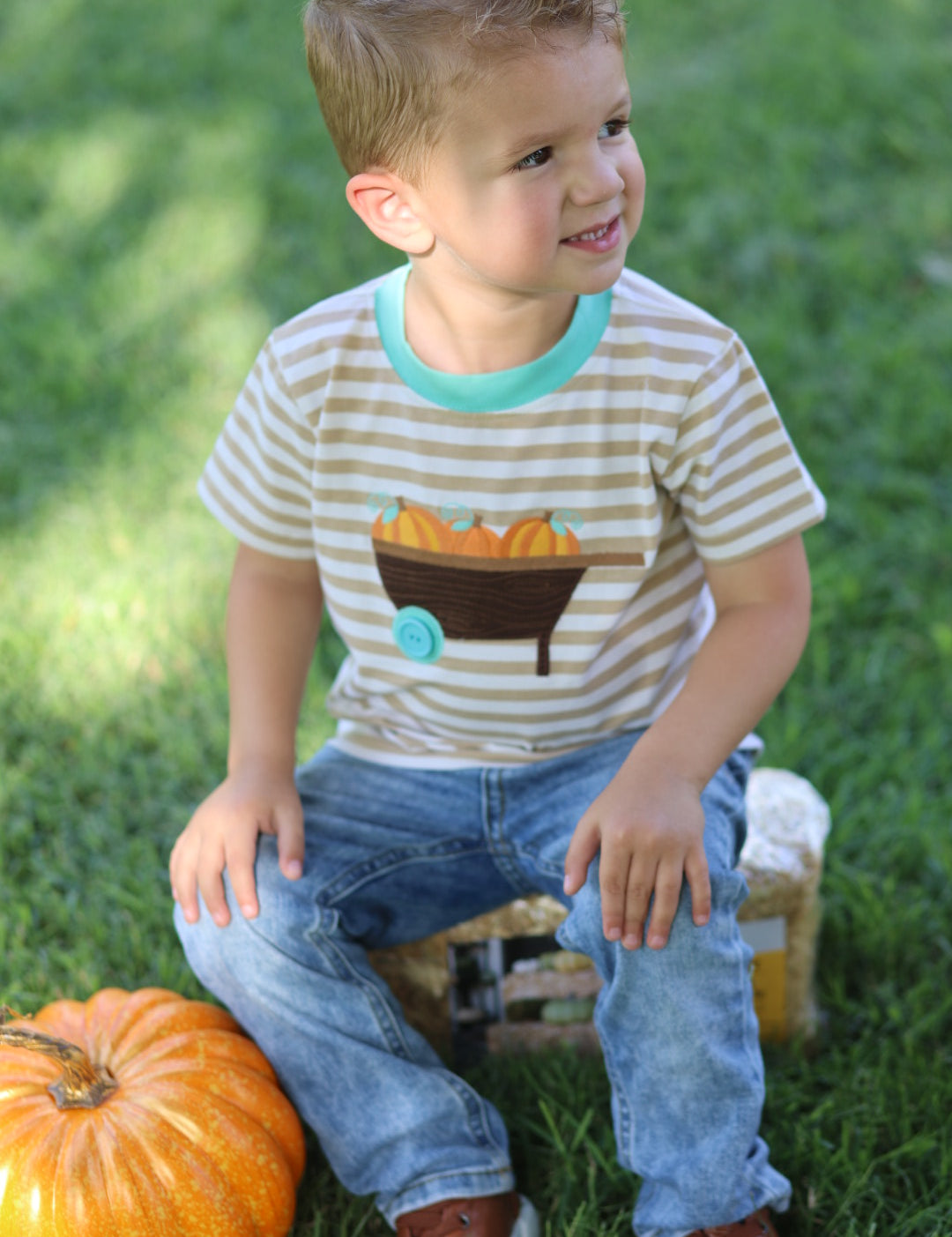 Pumpkin Harvest Boys' Tan Stripe Knit Shirt with Pumpkin Wheelbarrow Applique