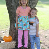 Pumpkin Harvest Boys' Tan Stripe Knit Shirt with Pumpkin Wheelbarrow Applique