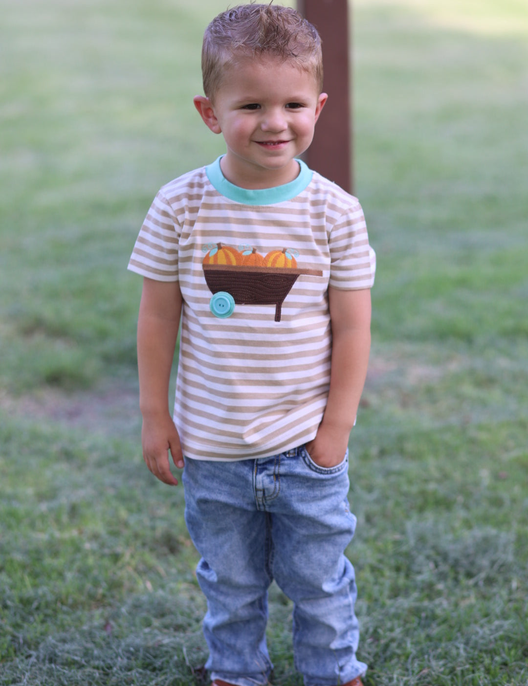 Pumpkin Harvest Boys' Tan Stripe Knit Shirt with Pumpkin Wheelbarrow Applique