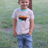 Pumpkin Harvest Boys' Tan Stripe Knit Shirt with Pumpkin Wheelbarrow Applique