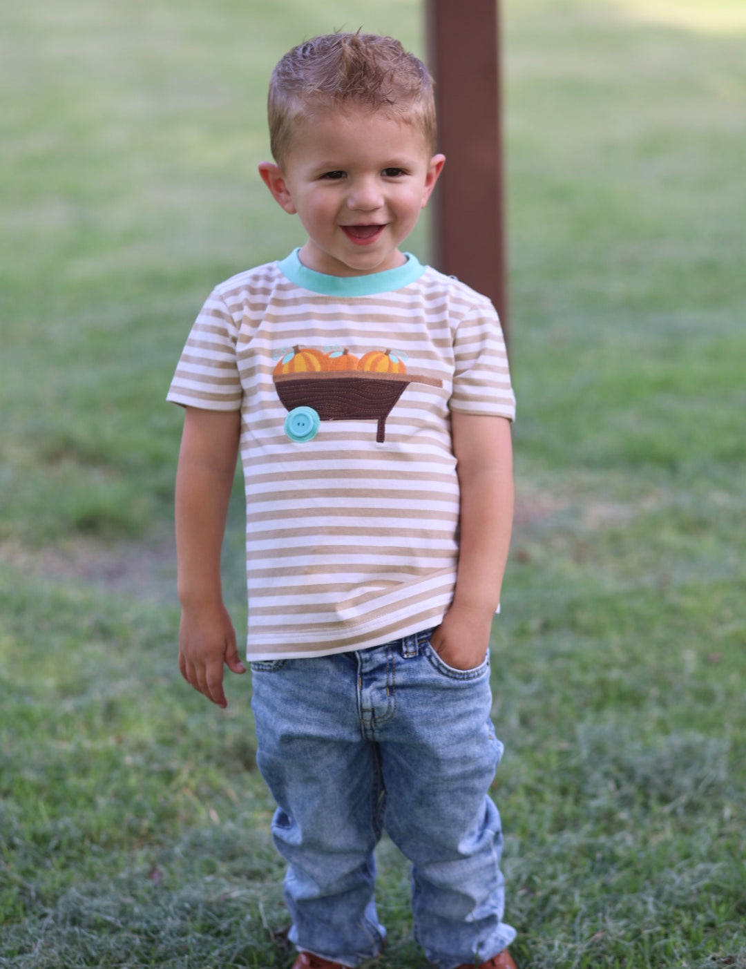 Pumpkin Harvest Boys' Tan Stripe Knit Shirt with Pumpkin Wheelbarrow Applique