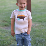 Pumpkin Harvest Boys' Tan Stripe Knit Shirt with Pumpkin Wheelbarrow Applique