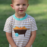 Pumpkin Harvest Boys' Tan Stripe Knit Shirt with Pumpkin Wheelbarrow Applique