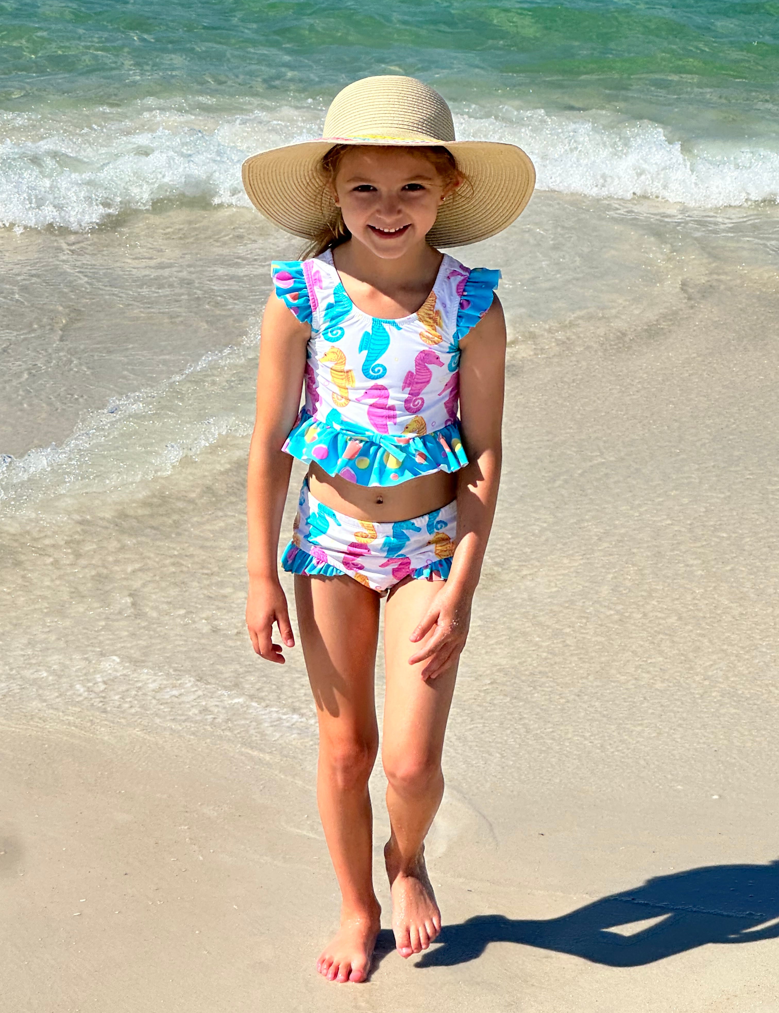 Seahorse Print Ruffle Two Piece Swim Suit Set