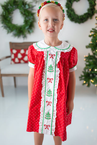 Deck the Halls Red Polka Dot A-Line Dress with Christmas Tree and Bows Embroidery