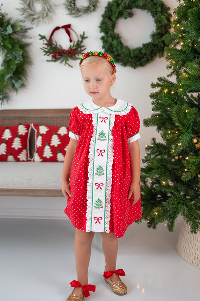 Deck the Halls Red Polka Dot A-Line Dress with Christmas Tree and Bows Embroidery