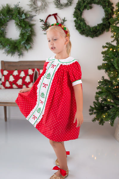 Deck the Halls Red Polka Dot A-Line Dress with Christmas Tree and Bows Embroidery