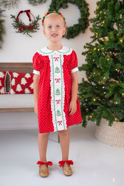 Deck the Halls Red Polka Dot A-Line Dress with Christmas Tree and Bows Embroidery