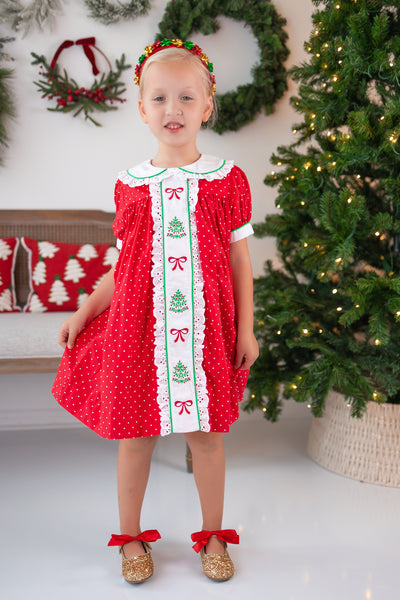 Deck the Halls Red Polka Dot A-Line Dress with Christmas Tree and Bows Embroidery