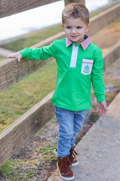 Deck the Halls Kelly Green Boys' Knit Collared Shirt with Christmas Tree Embroidered Pocket