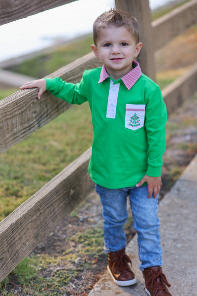 Deck the Halls Kelly Green Boys' Knit Collared Shirt with Christmas Tree Embroidered Pocket