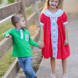 Deck the Halls Red Polka Dot A-Line Dress with Christmas Tree and Bows Embroidery