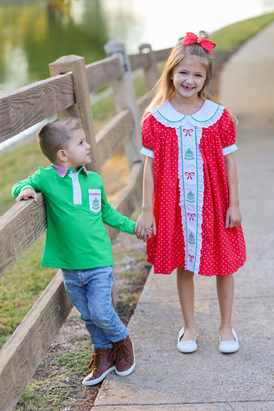 Deck the Halls Red Polka Dot A-Line Dress with Christmas Tree and Bows Embroidery