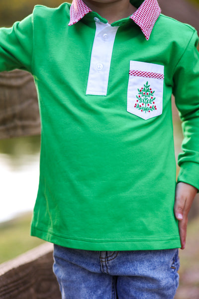 Deck the Halls Kelly Green Boys' Knit Collared Shirt with Christmas Tree Embroidered Pocket