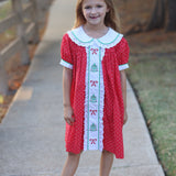Deck the Halls Red Polka Dot A-Line Dress with Christmas Tree and Bows Embroidery