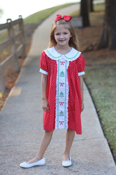 Deck the Halls Red Polka Dot A-Line Dress with Christmas Tree and Bows Embroidery