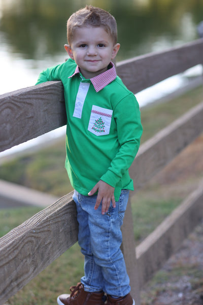 Deck the Halls Kelly Green Boys' Knit Collared Shirt with Christmas Tree Embroidered Pocket