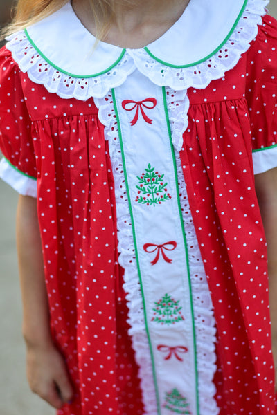 Deck the Halls Red Polka Dot A-Line Dress with Christmas Tree and Bows Embroidery