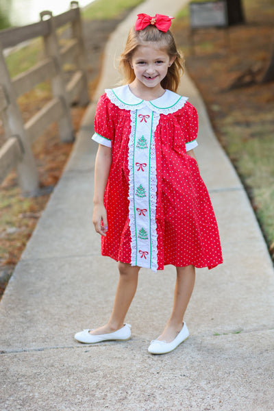 Deck the Halls Red Polka Dot A-Line Dress with Christmas Tree and Bows Embroidery