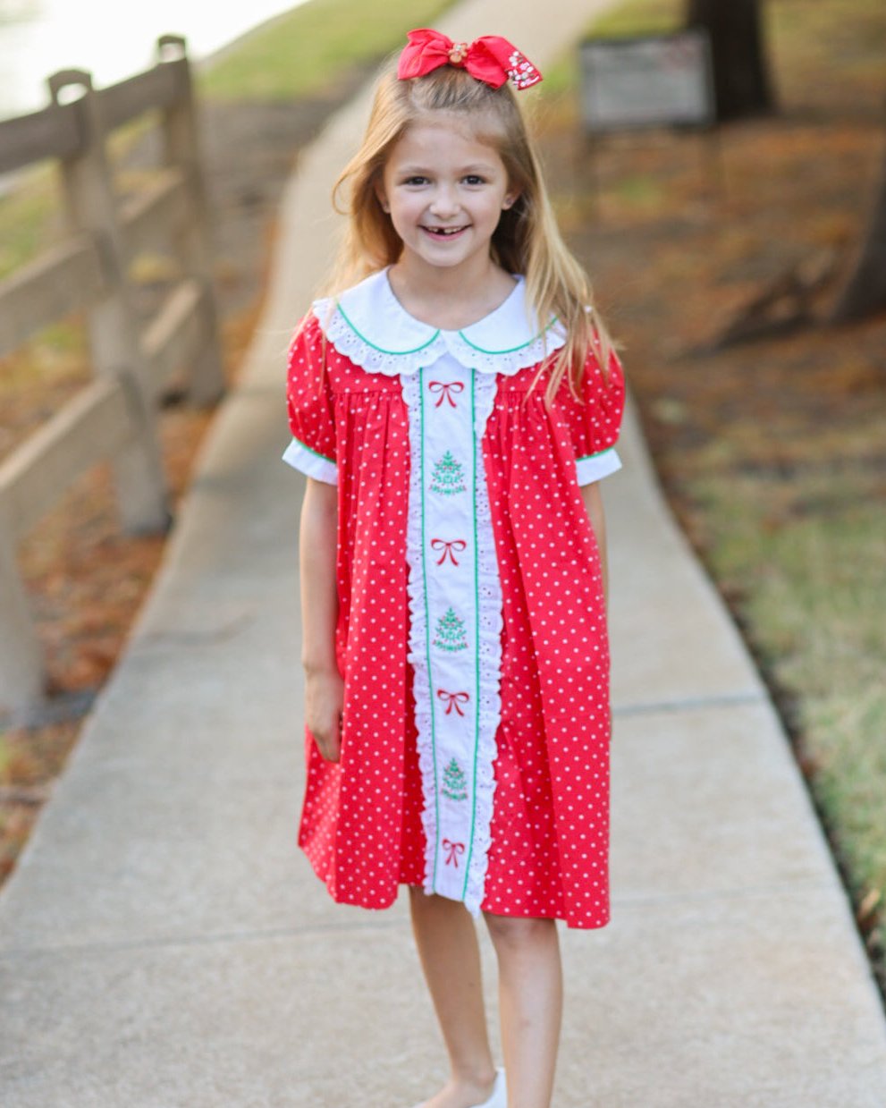 Deck the Halls Red Polka Dot A-Line Dress with Christmas Tree and Bows Embroidery 8/10