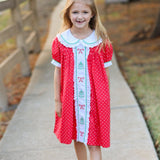 Deck the Halls Red Polka Dot A-Line Dress with Christmas Tree and Bows Embroidery
