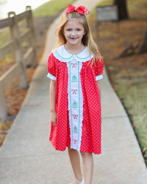 Deck the Halls Red Polka Dot A-Line Dress with Christmas Tree and Bows Embroidery