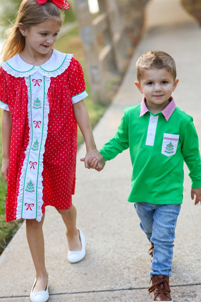 Deck the Halls Kelly Green Boys' Knit Collared Shirt with Christmas Tree Embroidered Pocket