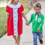 Deck the Halls Red Polka Dot A-Line Dress with Christmas Tree and Bows Embroidery