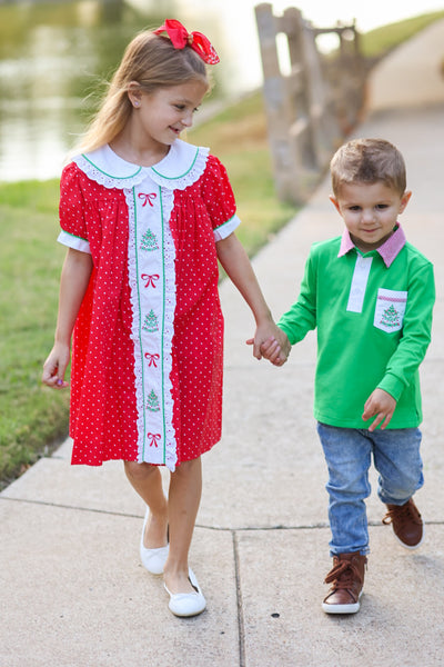 Deck the Halls Red Polka Dot A-Line Dress with Christmas Tree and Bows Embroidery