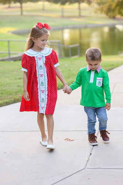 Deck the Halls Red Polka Dot A-Line Dress with Christmas Tree and Bows Embroidery