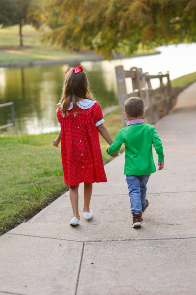 Deck the Halls Red Polka Dot A-Line Dress with Christmas Tree and Bows Embroidery