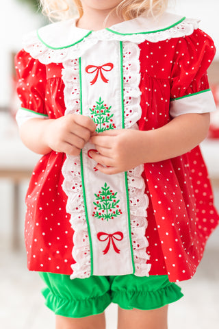 Deck the Halls Red Polka Dot A-Line Dress and Bloomer Set with Christmas Tree Embroidery